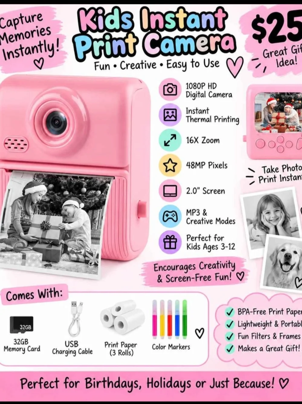 Kids Instant Print Camera - Pink